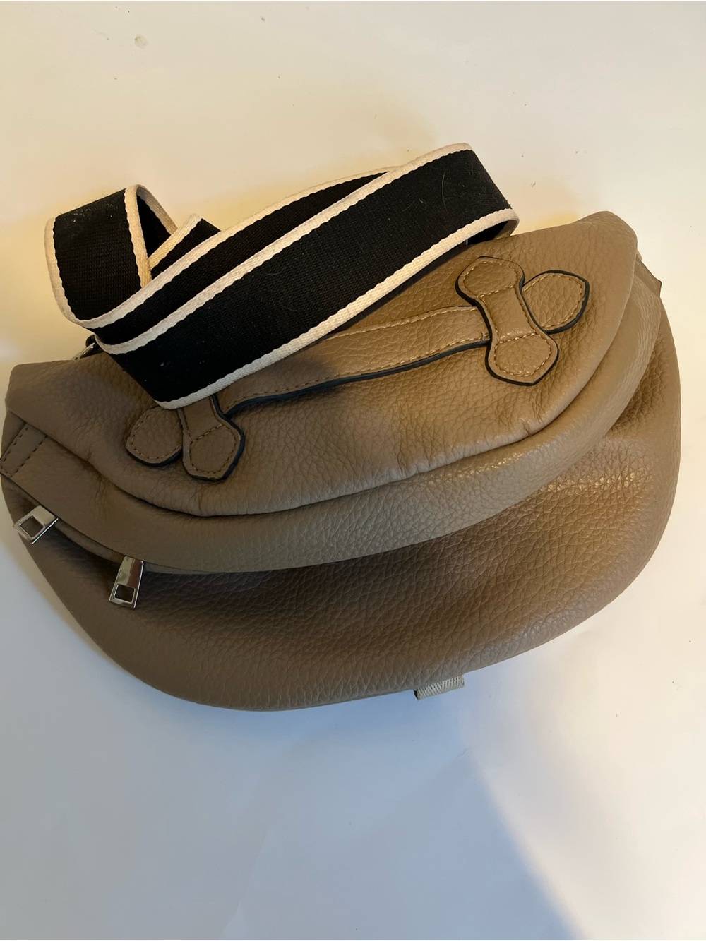 Taupe Faux Leather Crossbody Bag/ Belt Bag with Black-Trim Strap